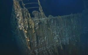 Part of the railing has fallen from the bow of the wreck of the Titanic - RMS Titanic