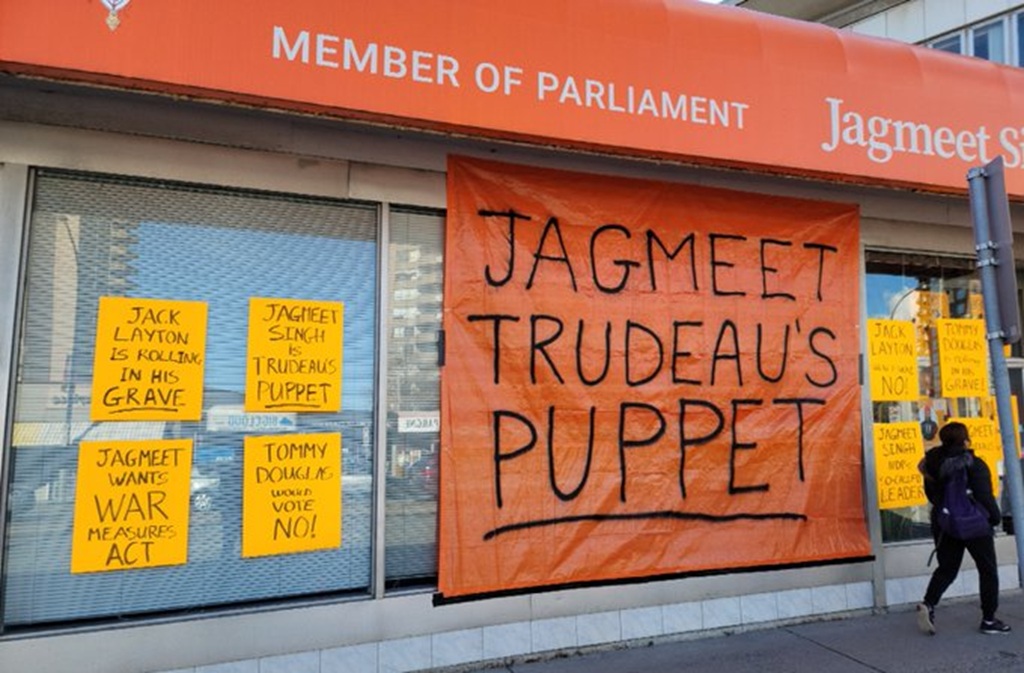 Jagmeet Singh's office gets covered in posters calling him a TRAITOR